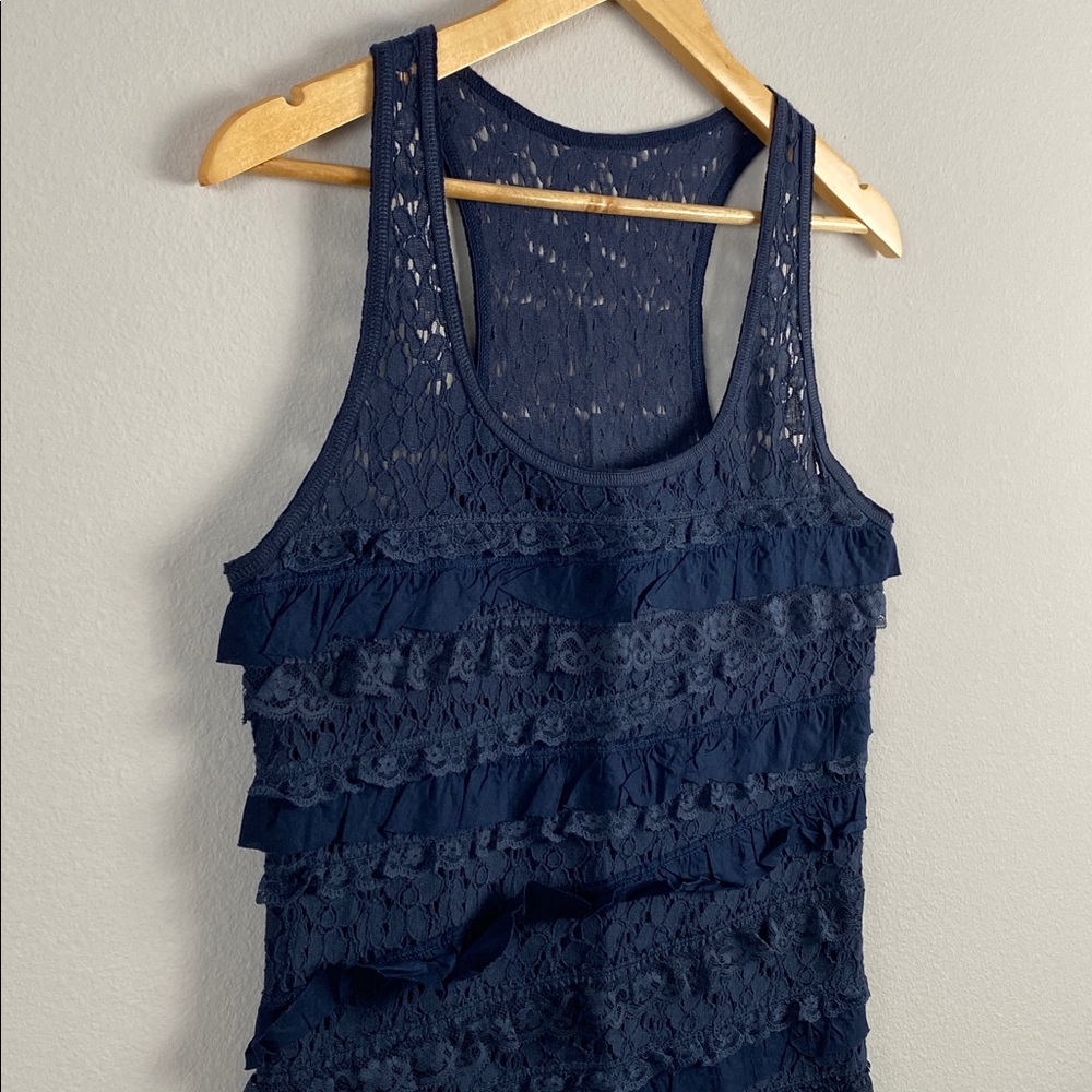 Abercrombie & Fitch Floral Lace Ruffle Layer Tank Top | Semi Sheer, Lined | Navy - Picture 7 of 16